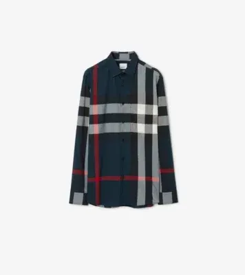 Slim Fit Check Cotton Shirt in Navy