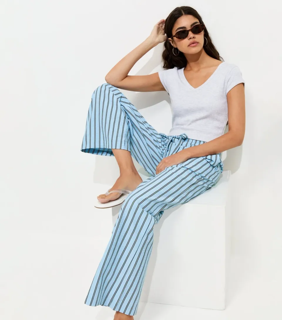 Women's Blue With Cotton Striped Wide Leg Trousers