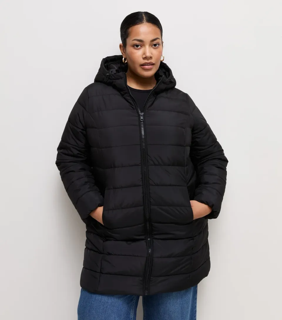 Women's Plus Size Black Hooded Mid Length Padded Jacket Curves