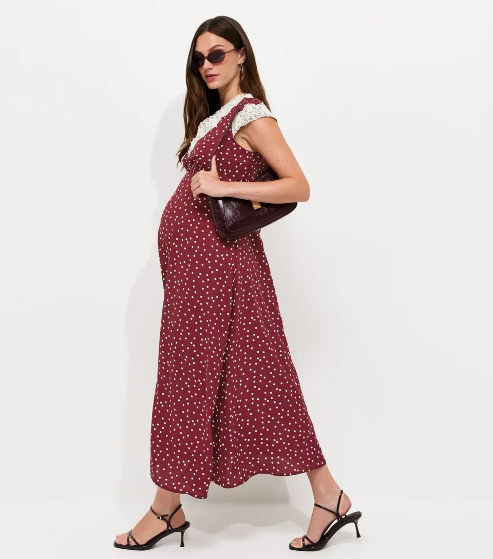 Women's Maternity Red Spot Print Lace Trim Midi Dress