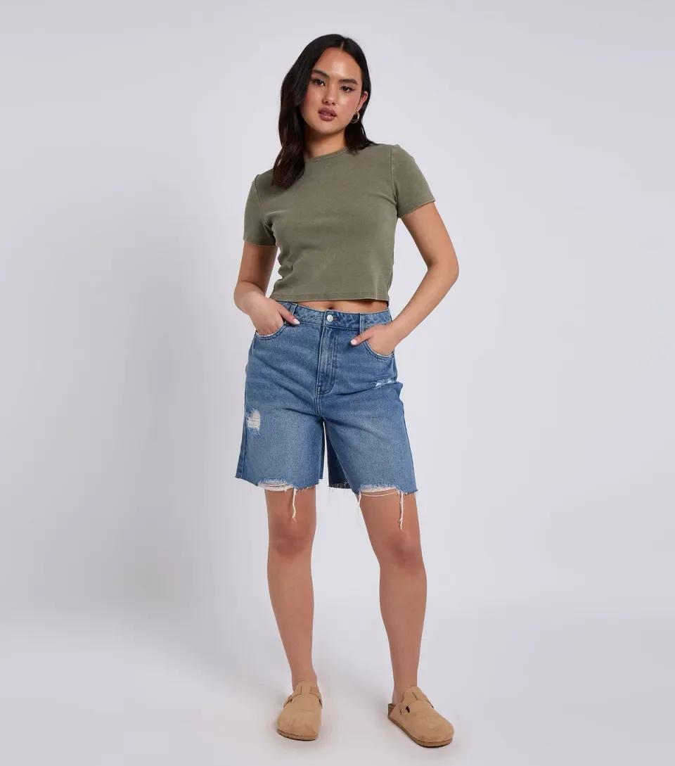 Women's Blue Distressed Bermuda Denim Shorts