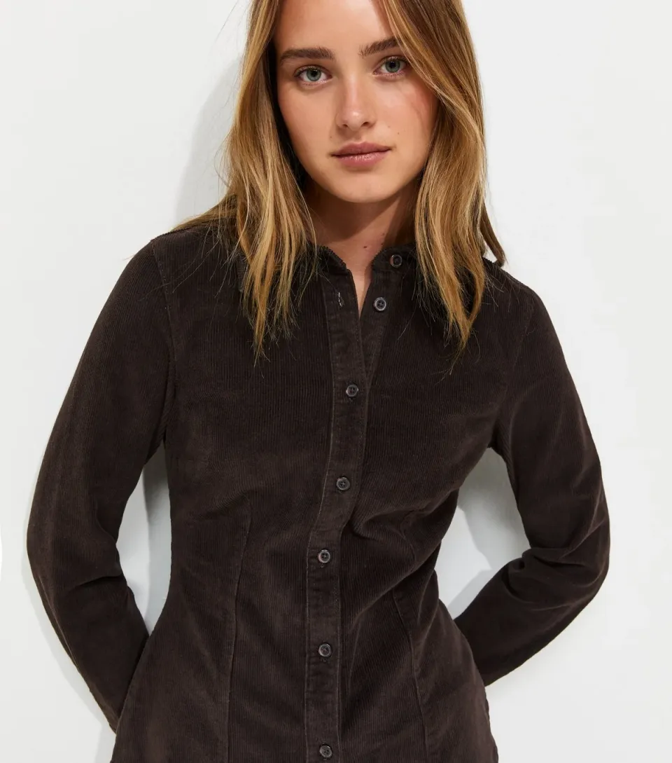 Women's Dark Brown Cotton Rich Corduroy Fitted Shirt