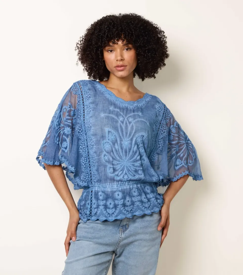 Women's Blue Floral Lace Blouse
