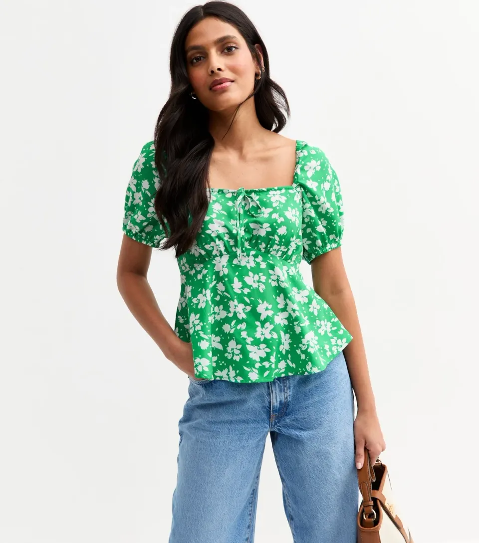 Women's Green Floral Print Peplum Top