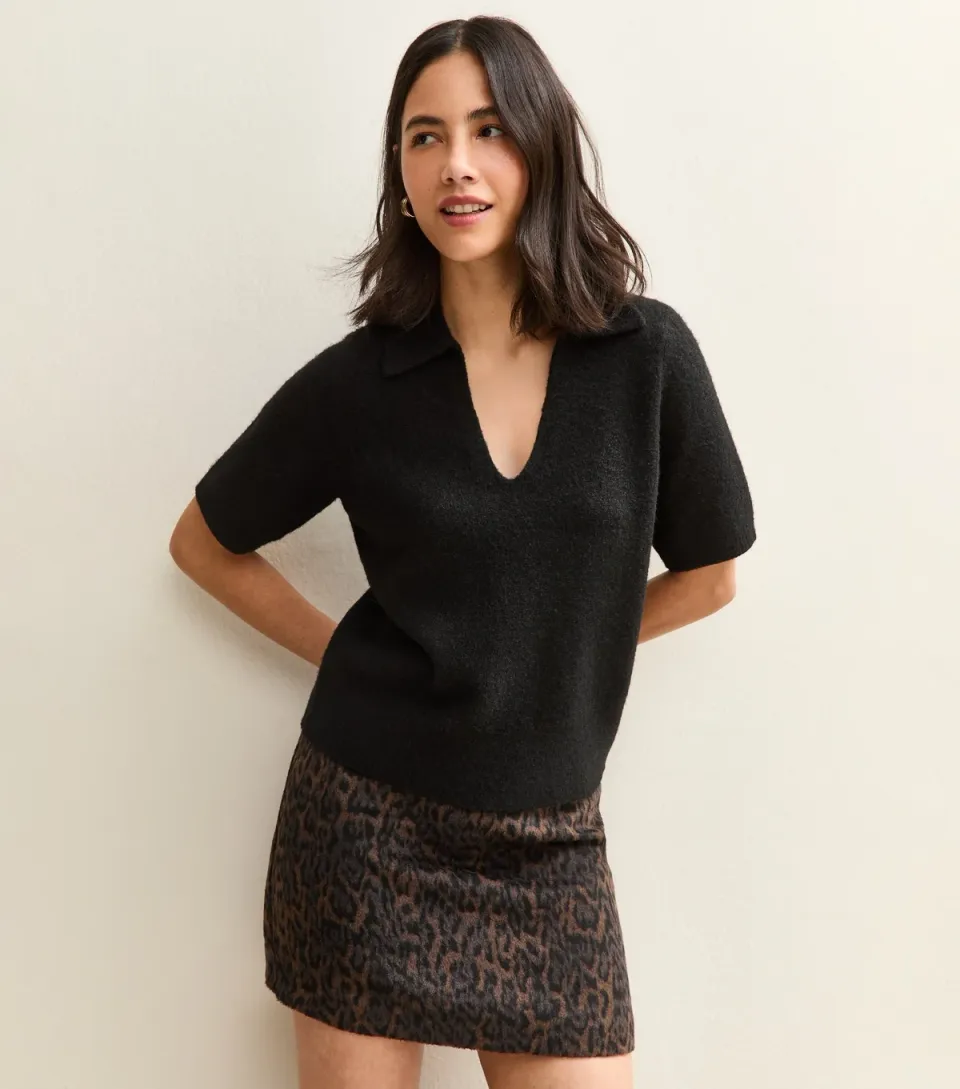 Women's Black Open Collar Knit Top