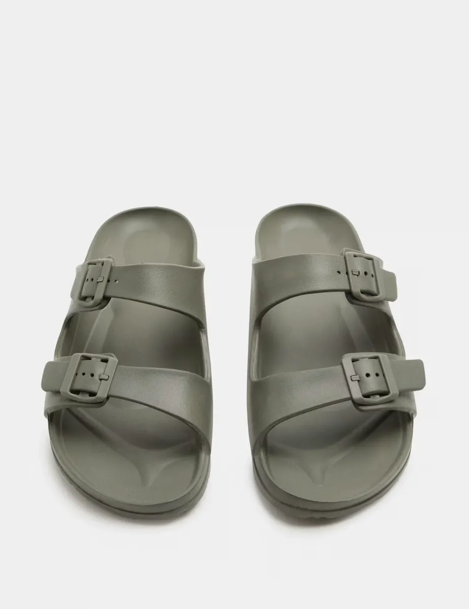 Moulded Footbed Two Strap Slider Sandals Khaki