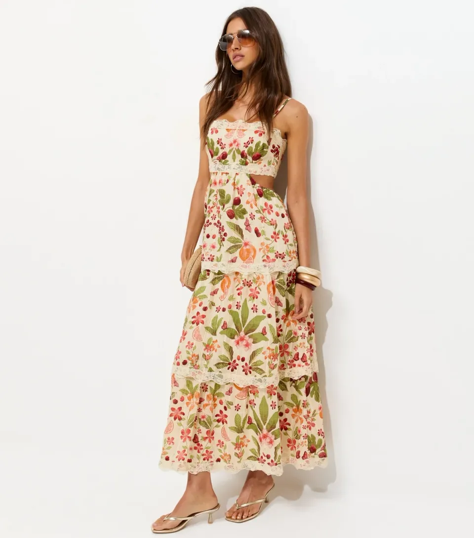 Women's Cream Fruit Print Tiered Maxi Dress