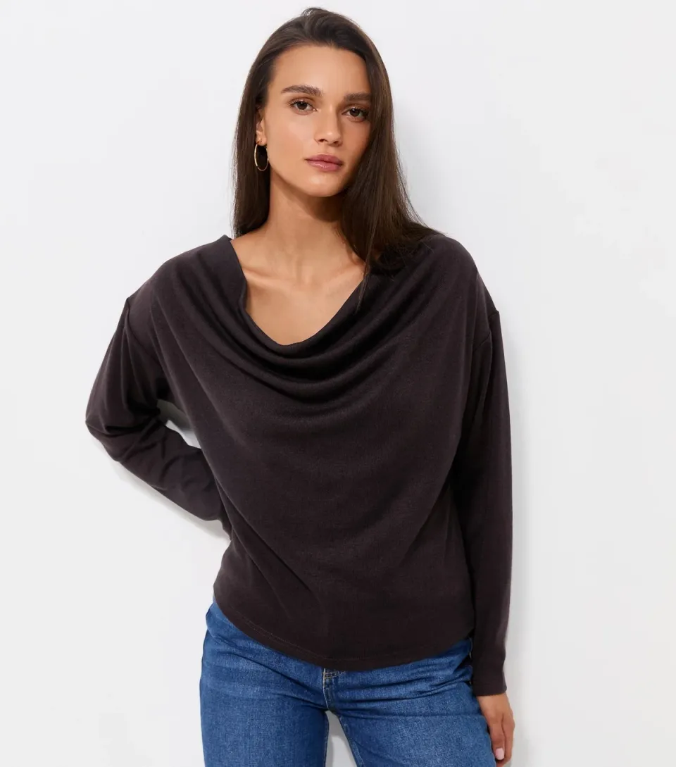 Women's Dark Purple Cowl Neck Long Sleeve Top