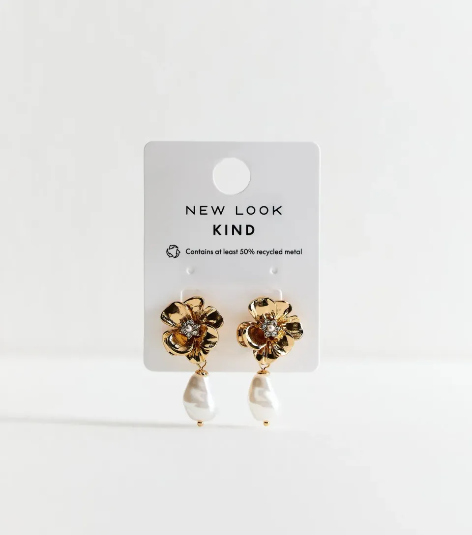 Gold Tone Faux Pearl Drop Floral Earrings