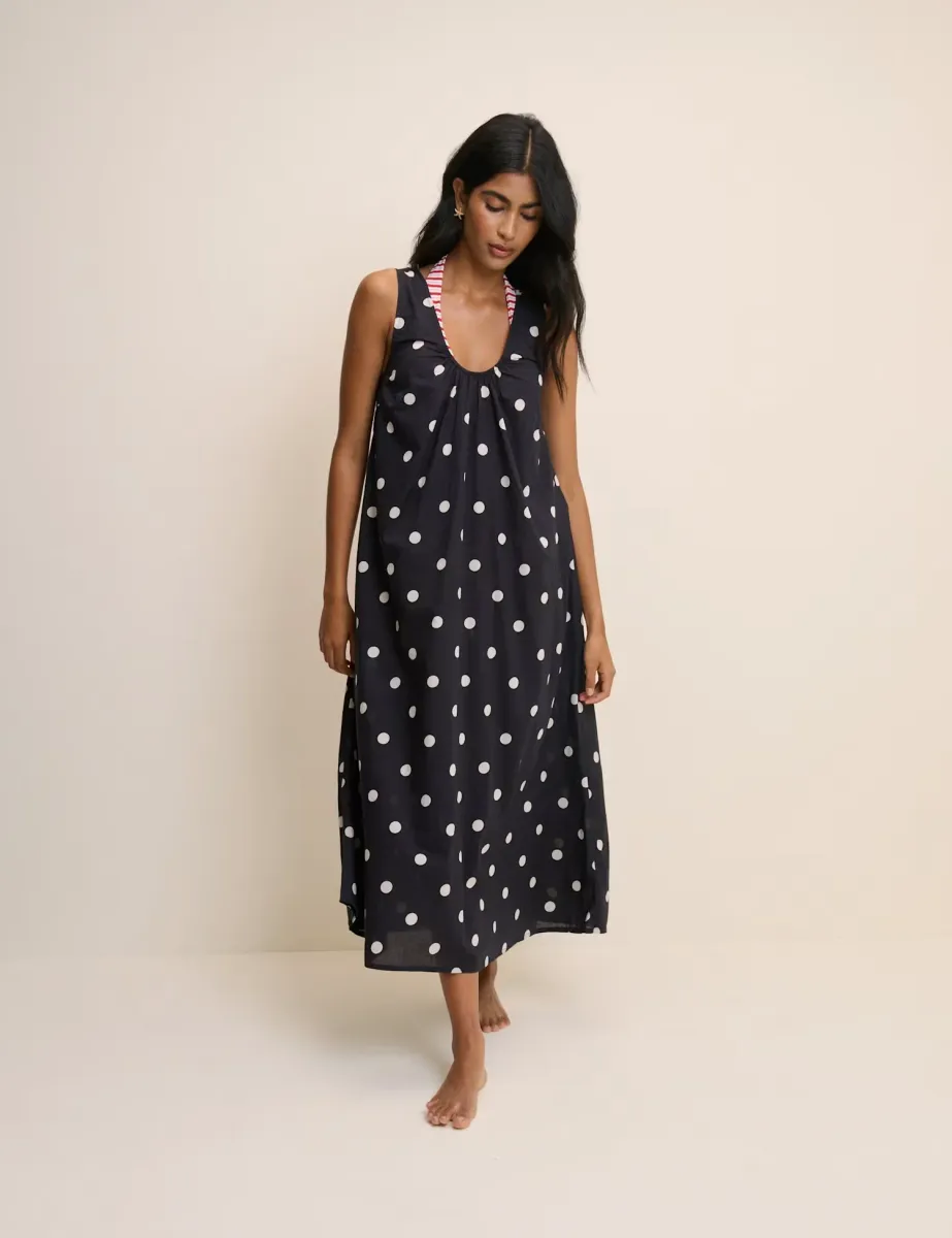 Pure Cotton Polka Dot Scoop Neck Midi Dress Black