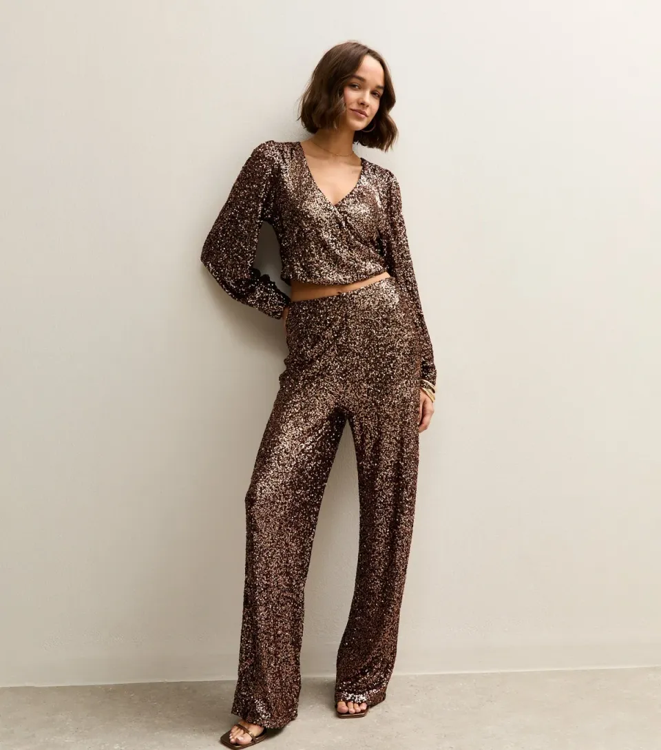 Women's Mid Brown Sequin Wide Leg Trousers