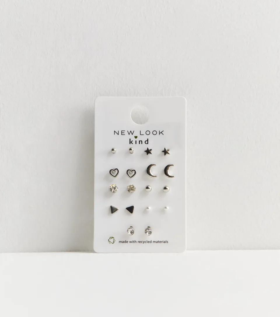 9 Pack Silver Mixed Stud Earrings