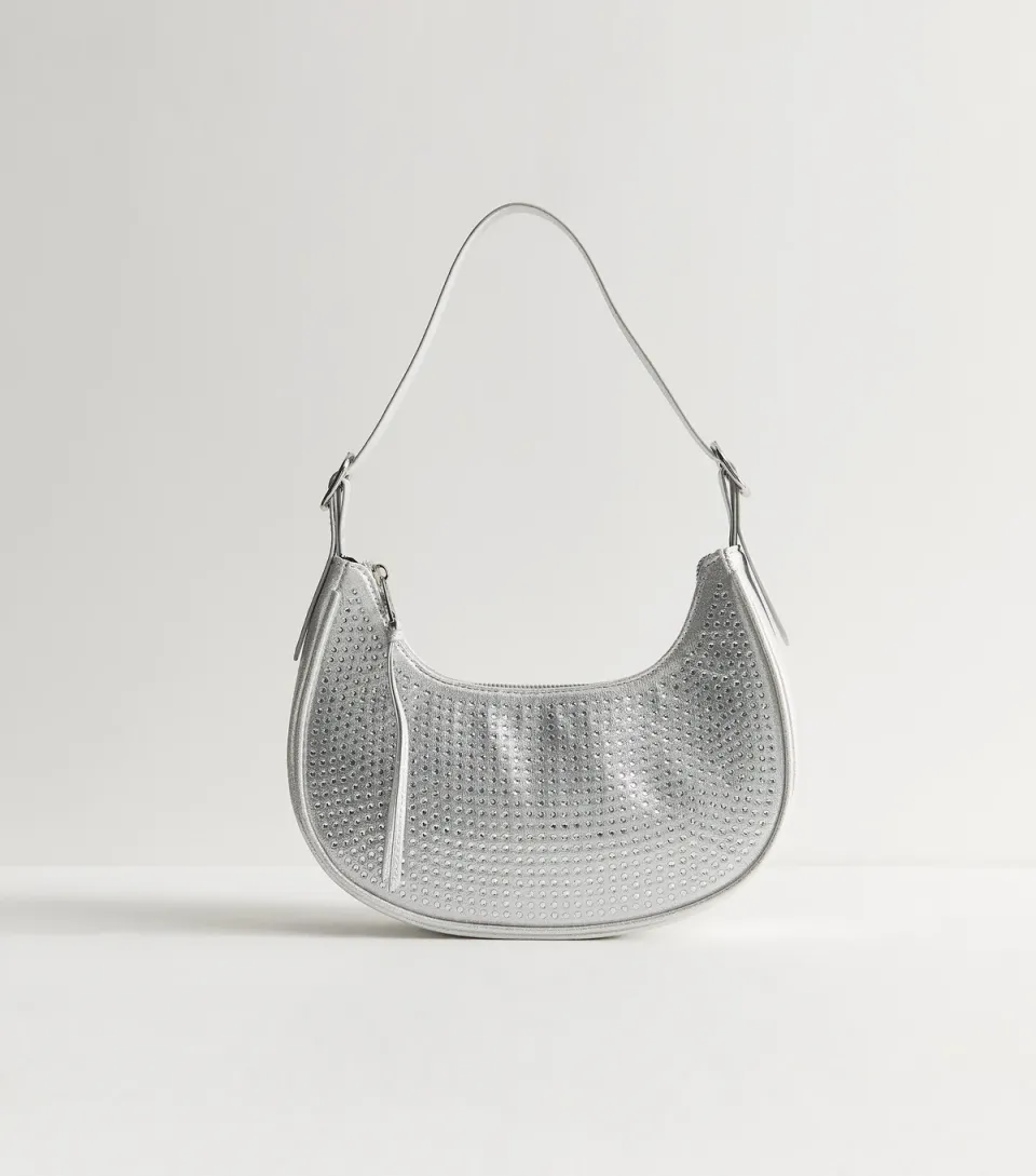 Silver Faux Leather Gem Embellished Curved Shoulder Bag