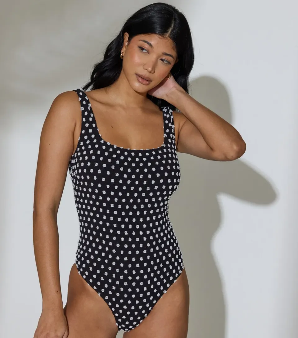Women's Black Textured Polka Dot Tummy Control Swimsuit