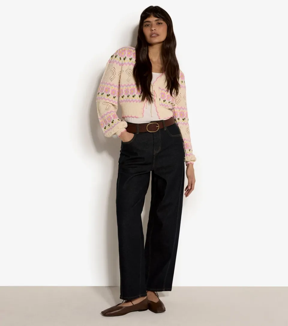 Women's Stone Pointelle Knit Floral Pattern Cardigan