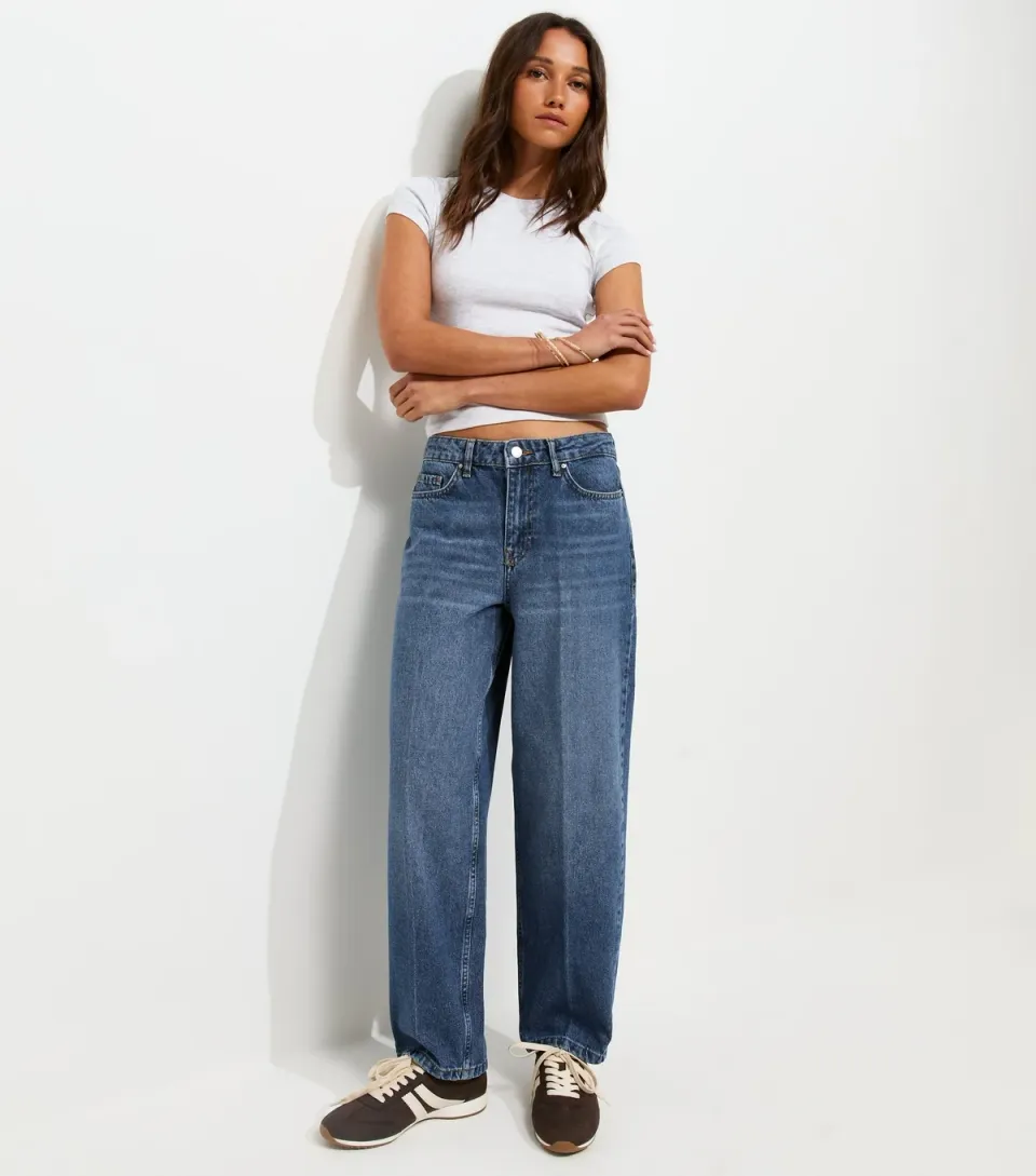 Women's Blue Crease Front Barrel Leg Jeans