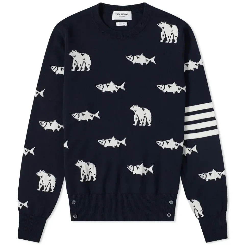Bear & Salmon Intarsia Crew Knit