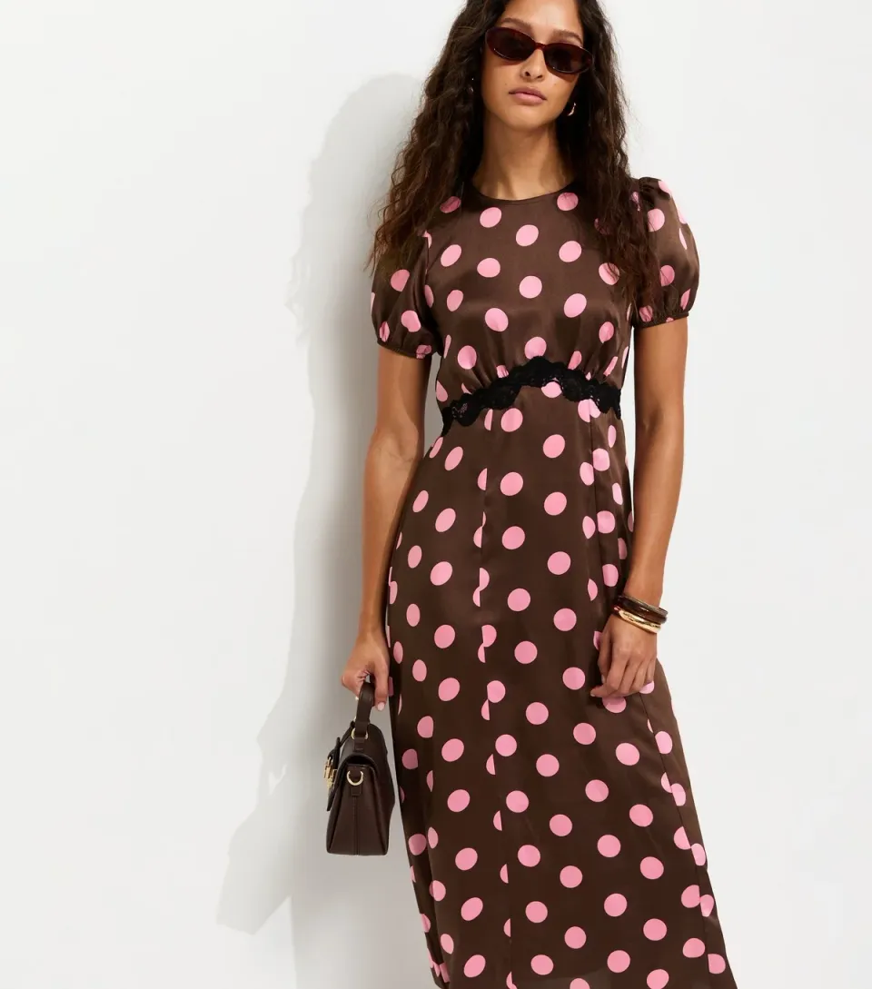 Women's Brown Satin Polka Dot Puff Sleeve Midi Dress