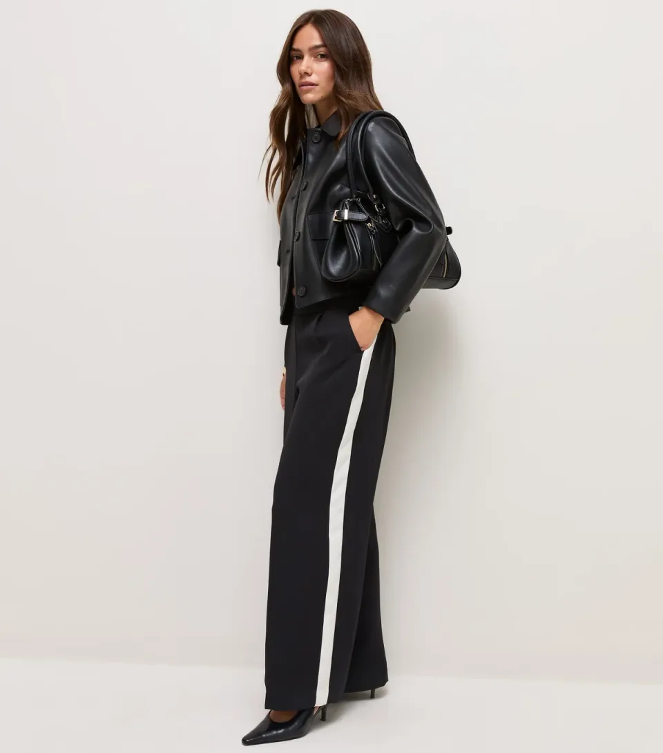 Women's Petite Black Side Stripe Wide Leg Trousers
