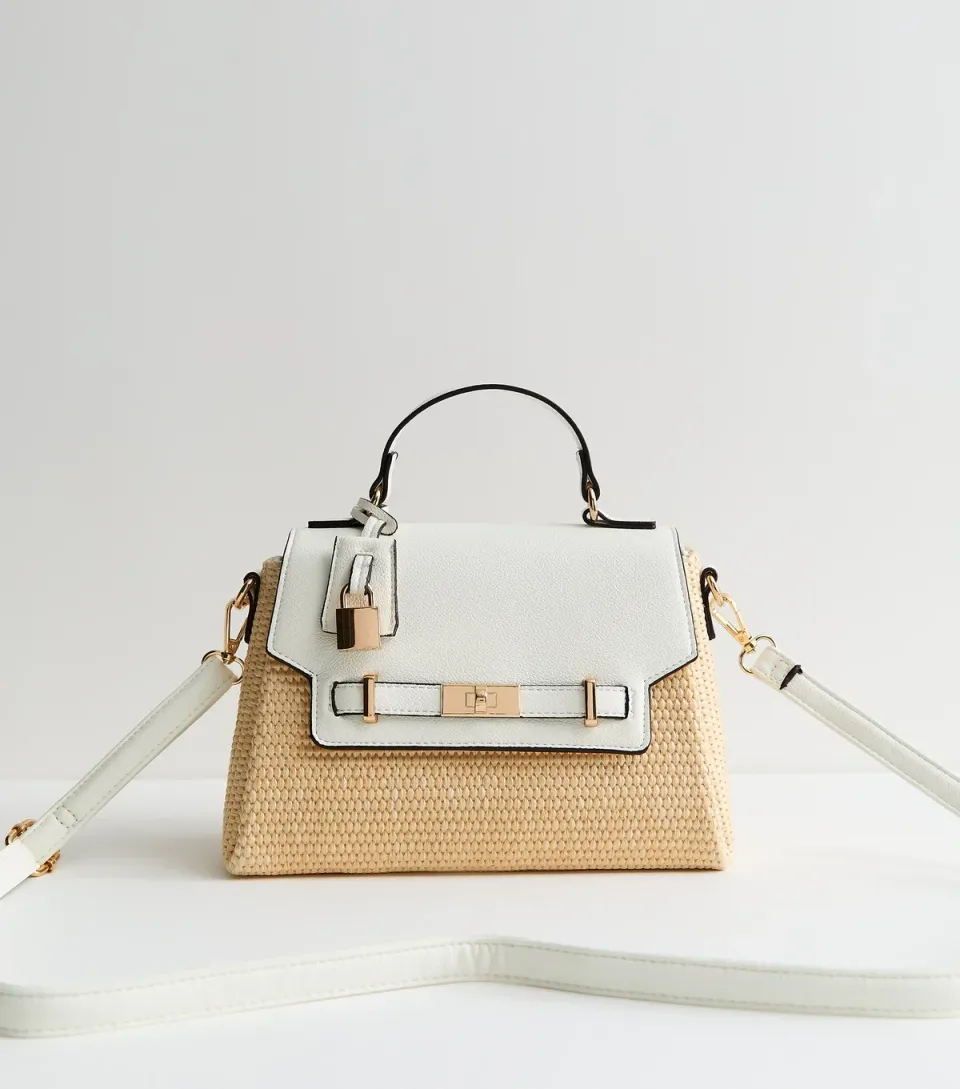 White Faux Leather Turn Lock Top Handle Crossbody Bag Vegan