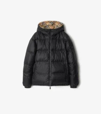 Reversible Check Hooded Puffer Jacket in Sand beige