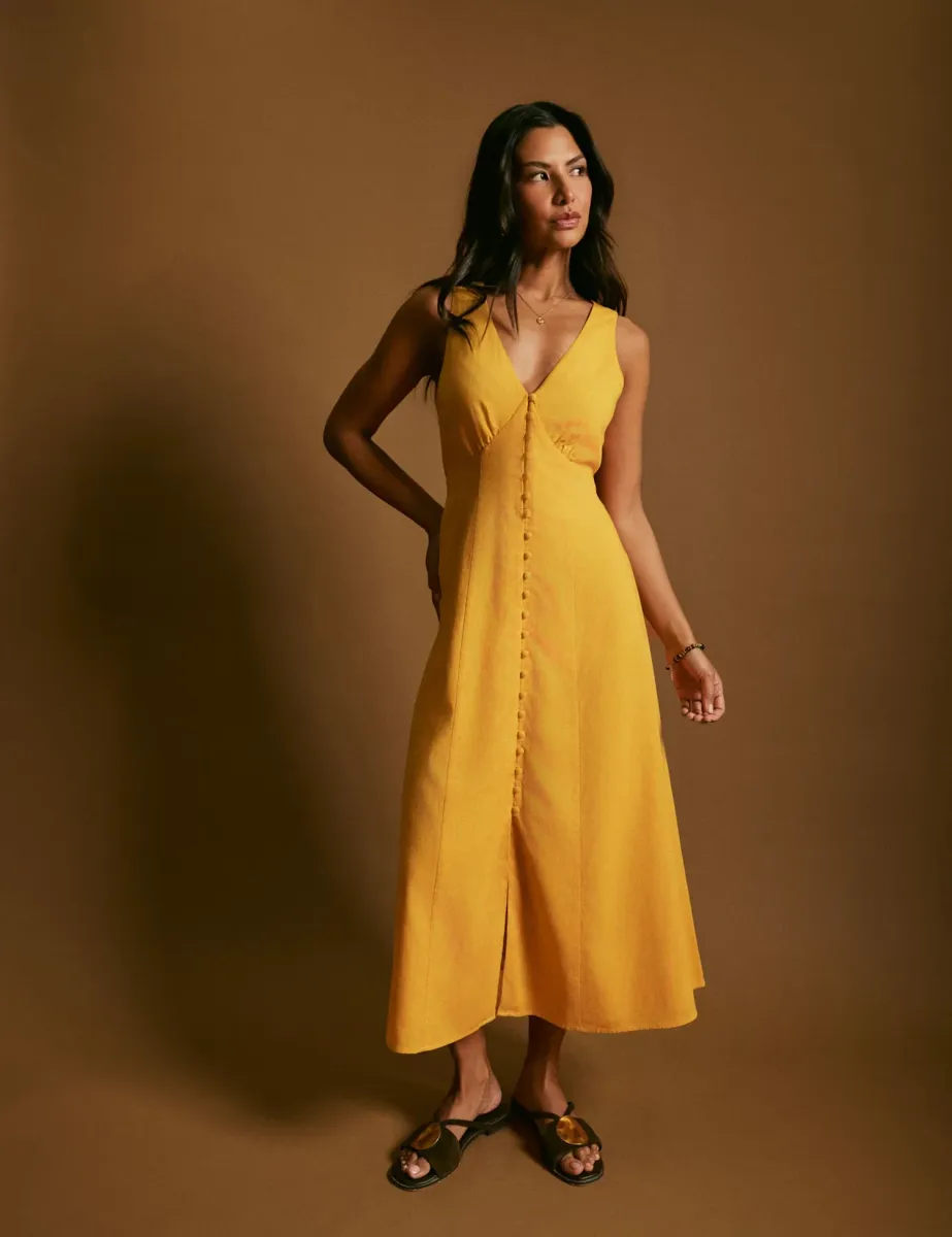 Lyocell Rich Midaxi Waisted Dress with Linen Yellow