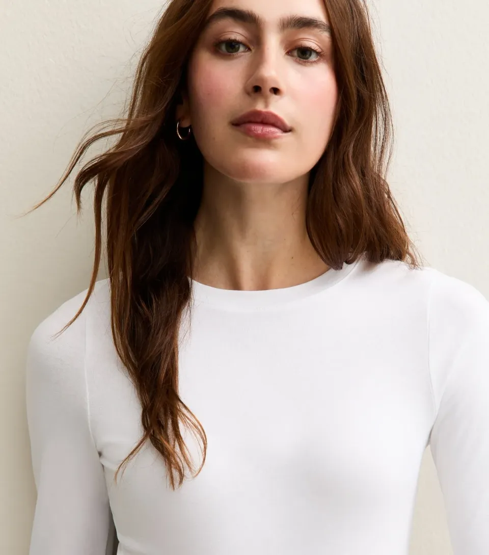 Women's White Stretch Crew Neck Long Sleeve Bodysuit