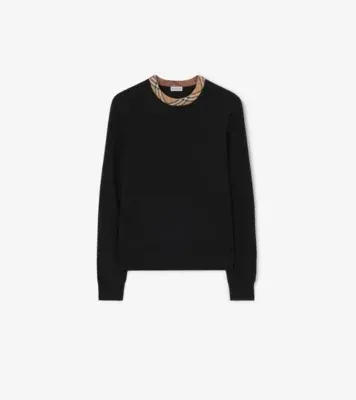 Check Trim Wool Sweater in Black