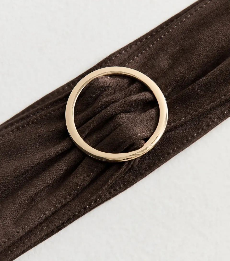 Dark Brown Faux Suede Wide Circle Buckle Belt