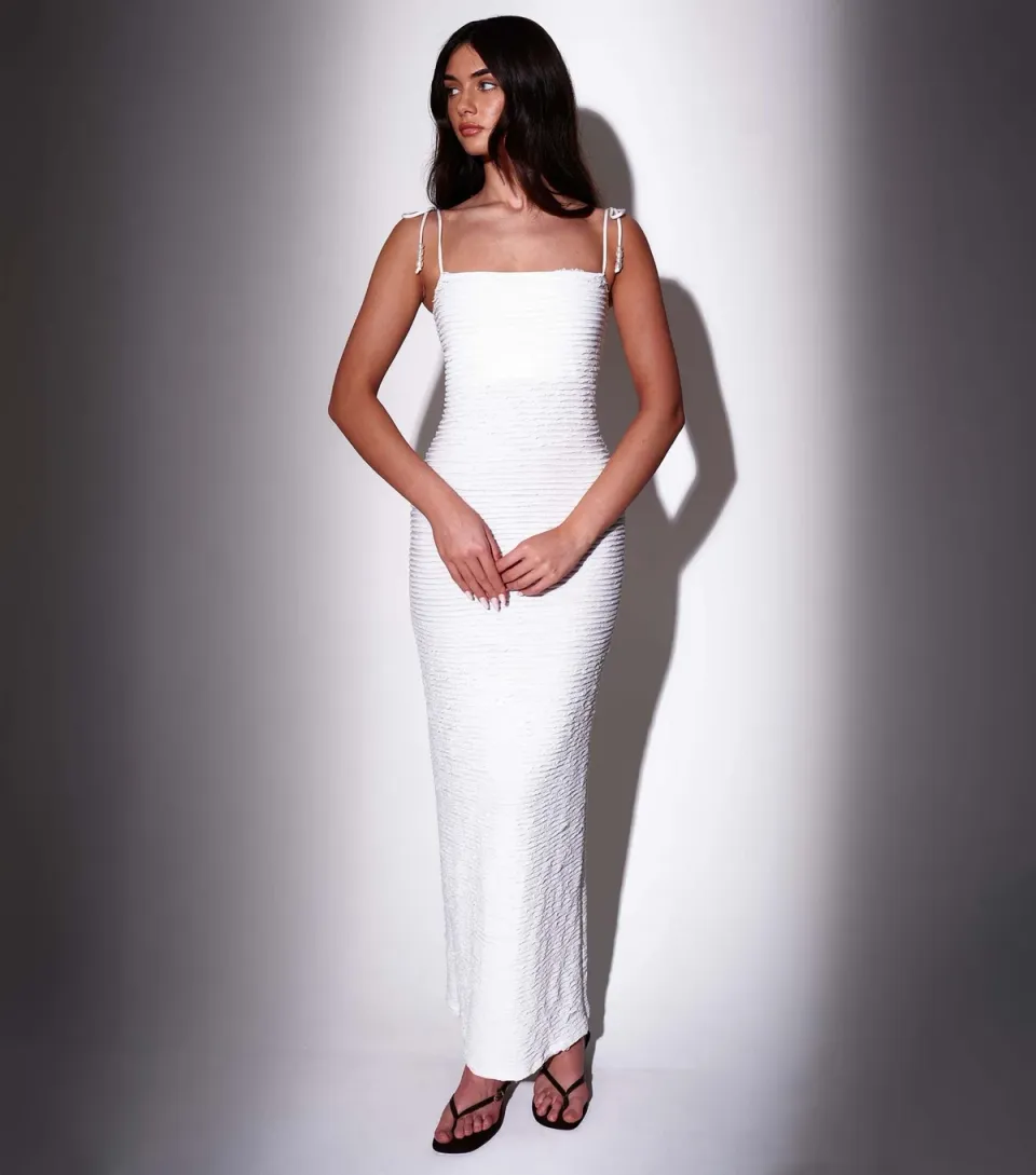 Women's White Textured Beaded Strap Maxi Dress