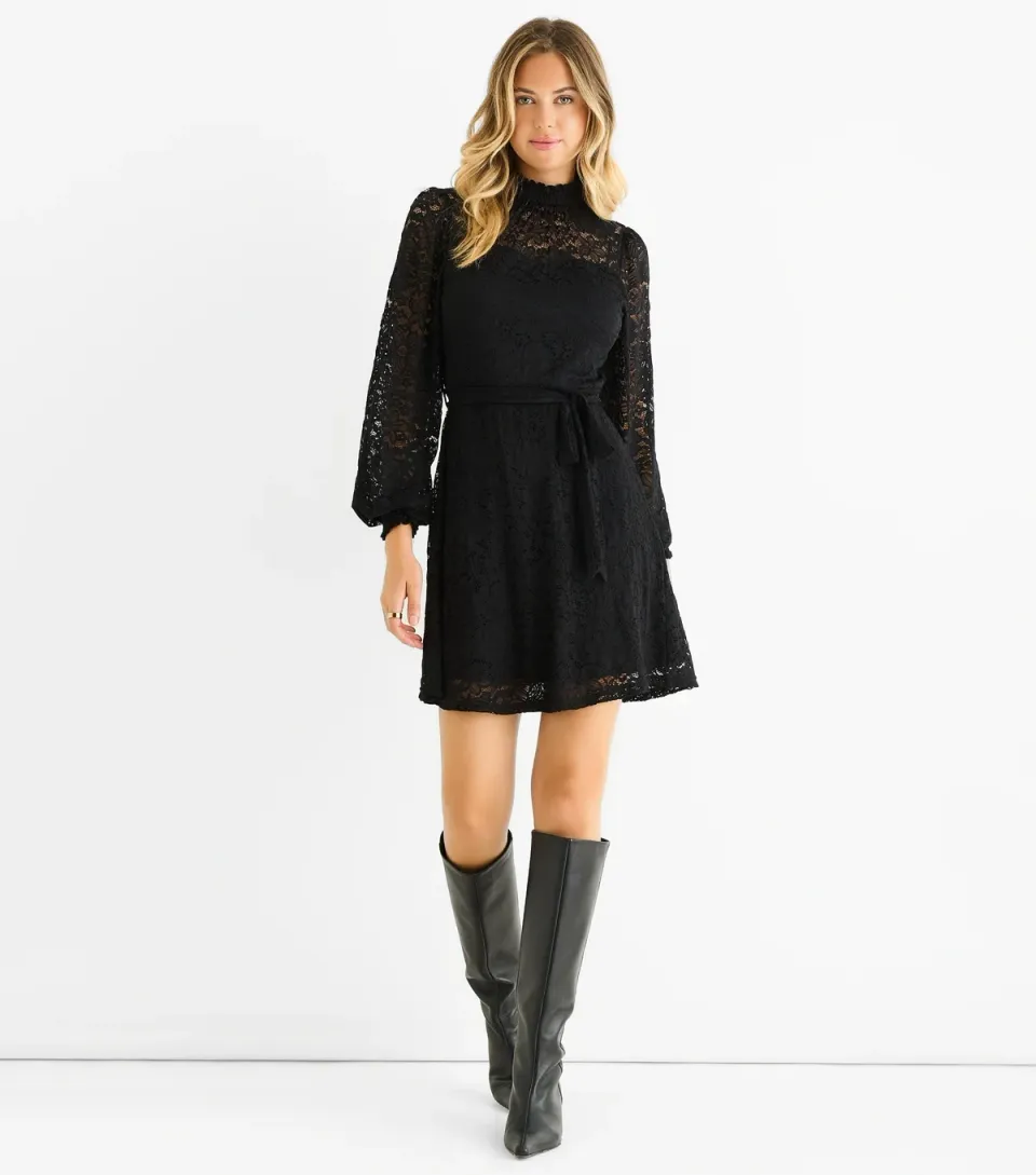 Women's Black Lace High Neck Mini Dress