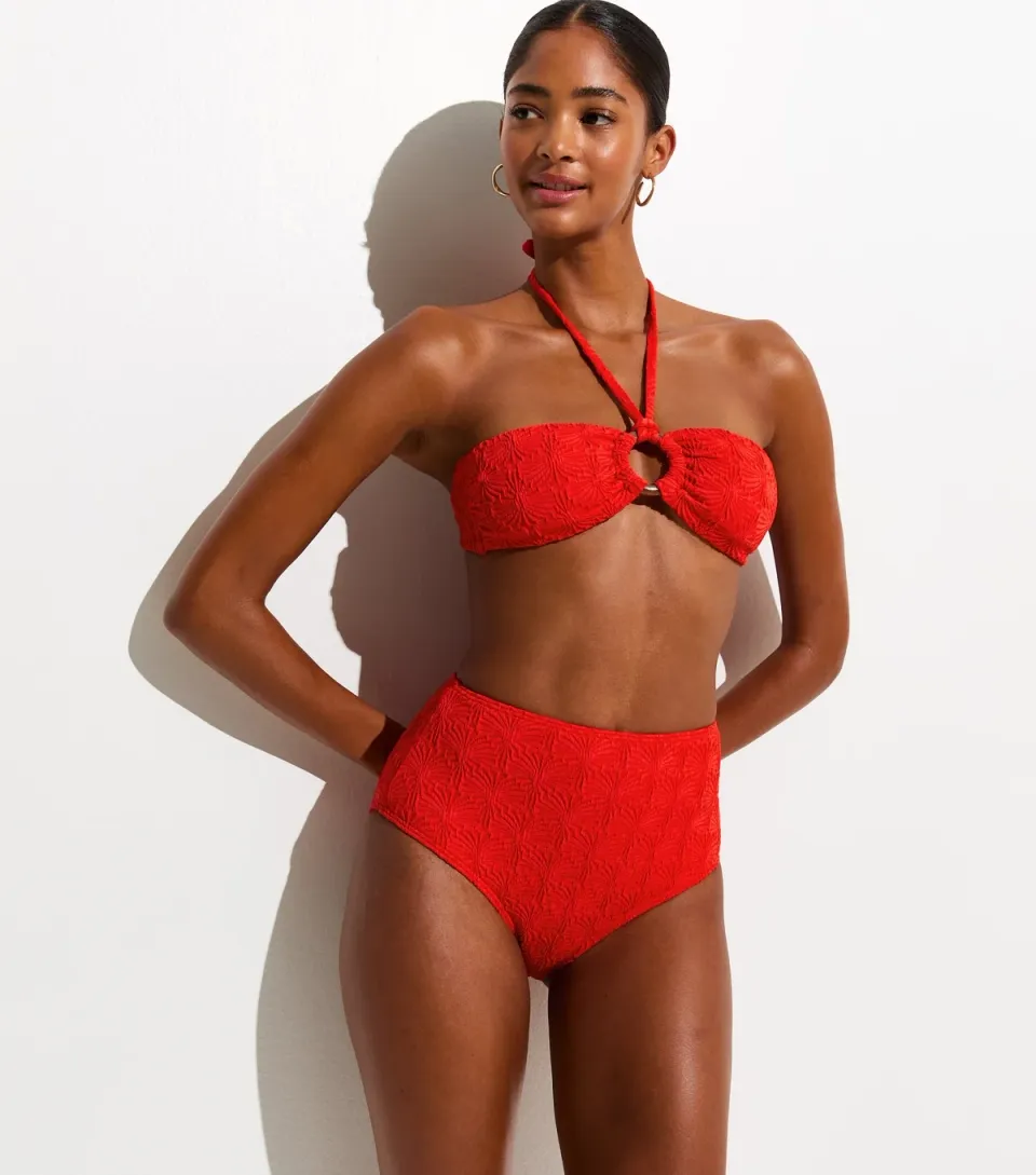 Women's Bright Red Textured High Waist Bikini Bottoms