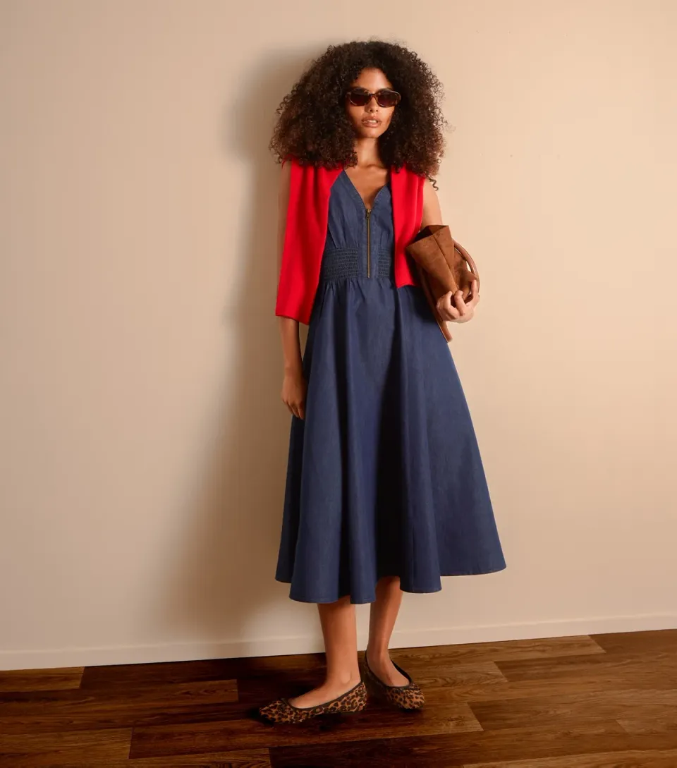 Women's Dark Blue Denim Zip Front Midi Dress