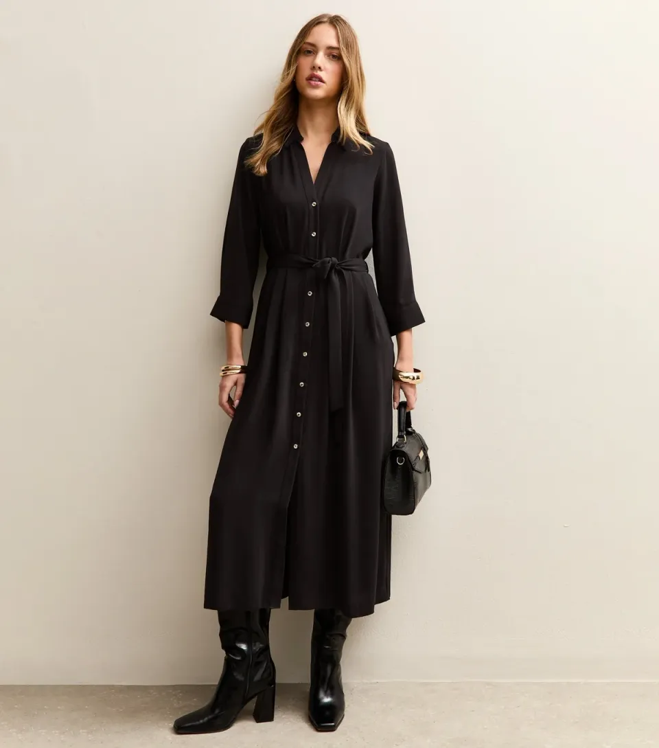 Women's Dark Burgundy Long Sleeve Crepe Midi Shirt Dress