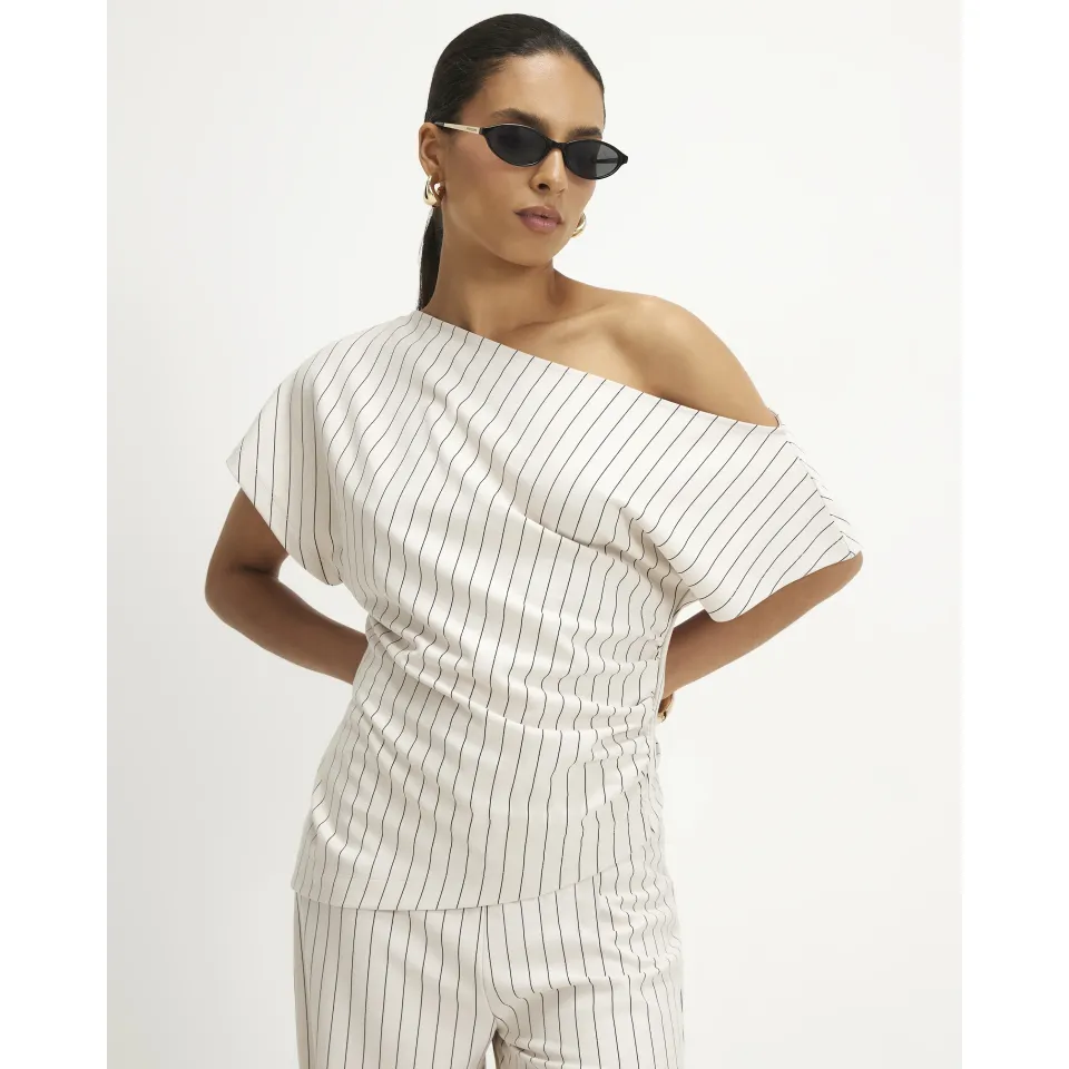 Petite Pinstripe Asymmetric Drape Top