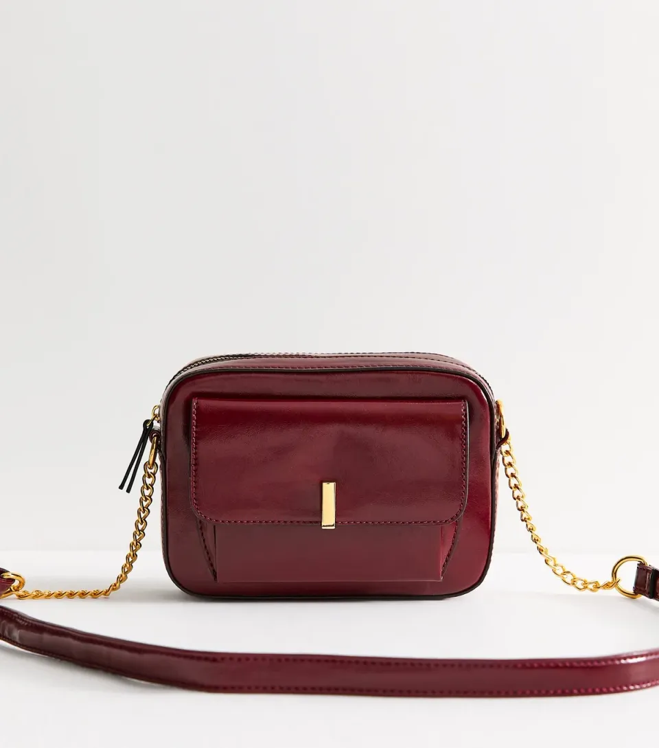 Dark Burgundy Faux Leather Bar Pocket Crossbody Bag