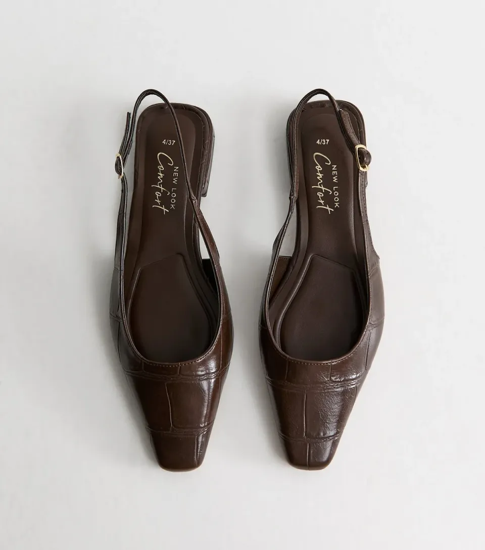 Women's Dark Brown Croc Embossed Pointed Slingback Pumps Vegan