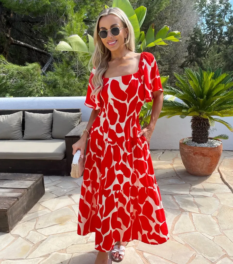 Women's Red Shirred Waist Smock Midi Dress