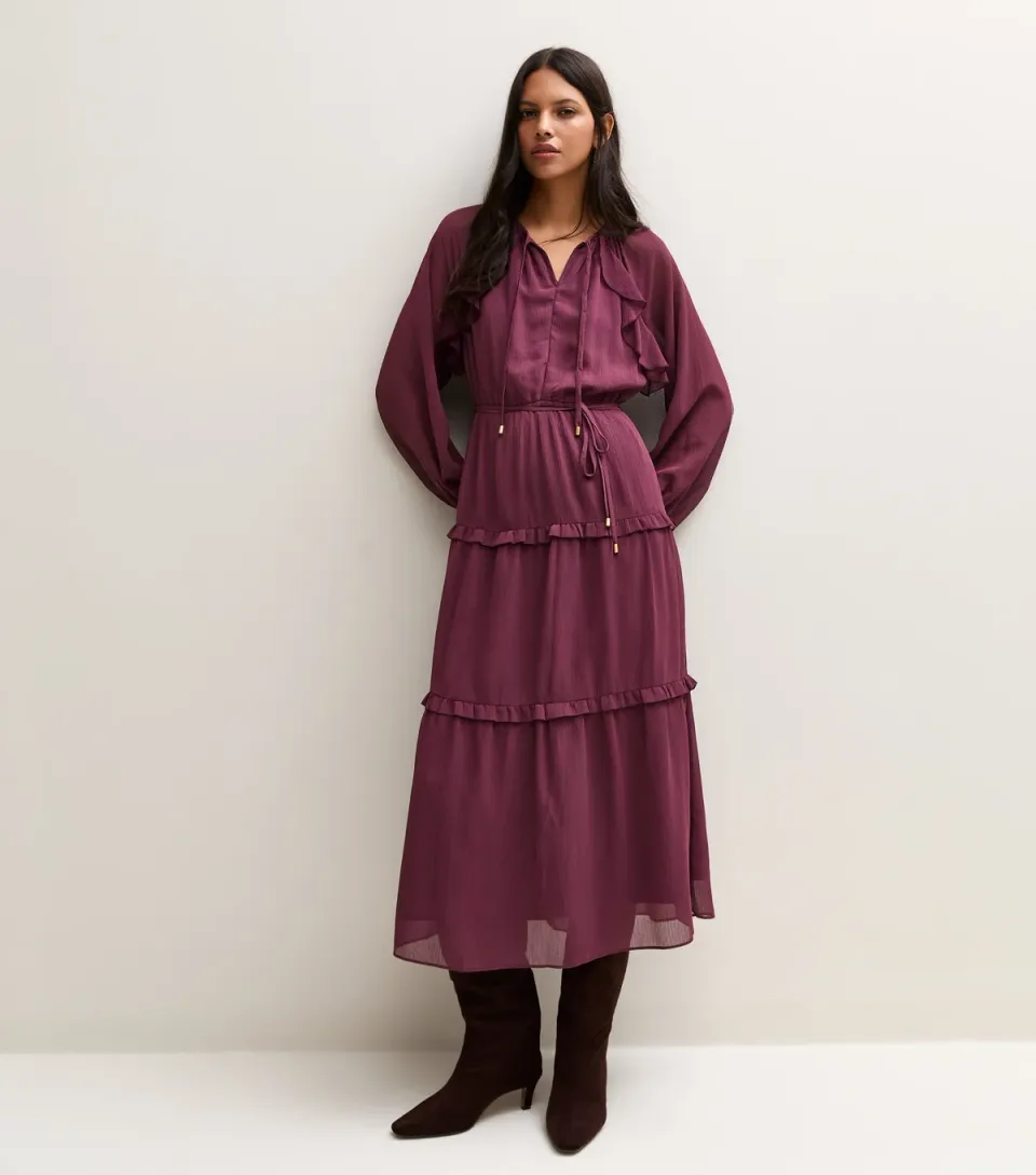 Women's Burgundy Chiffon Frill Tie Midi Dress