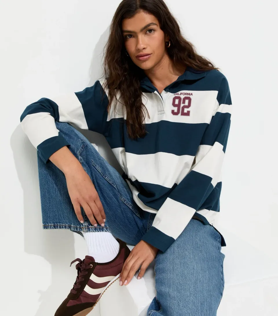 Women's Blue Cotton California 92 Print Long Sleeve Rugby Top