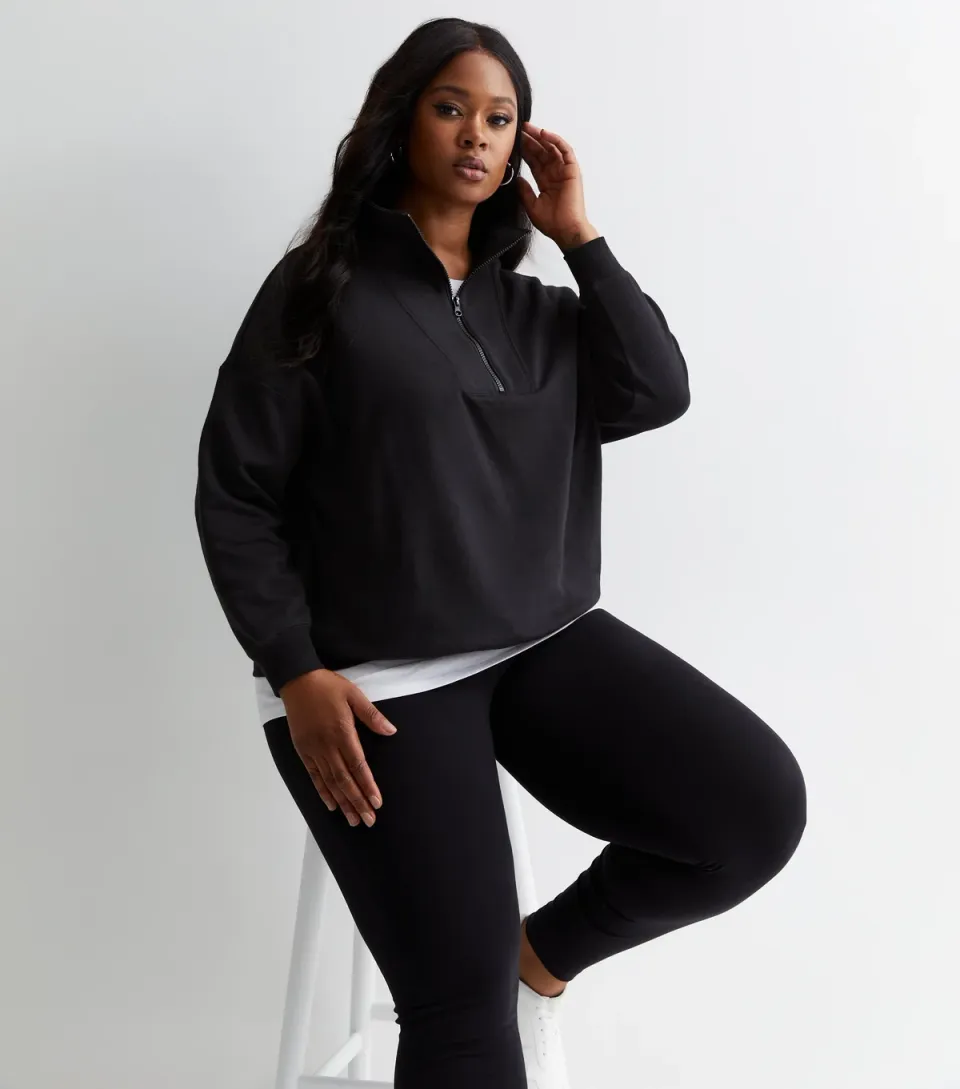 Women's Plus Size Black Zip Neck Sweatshirt Curves