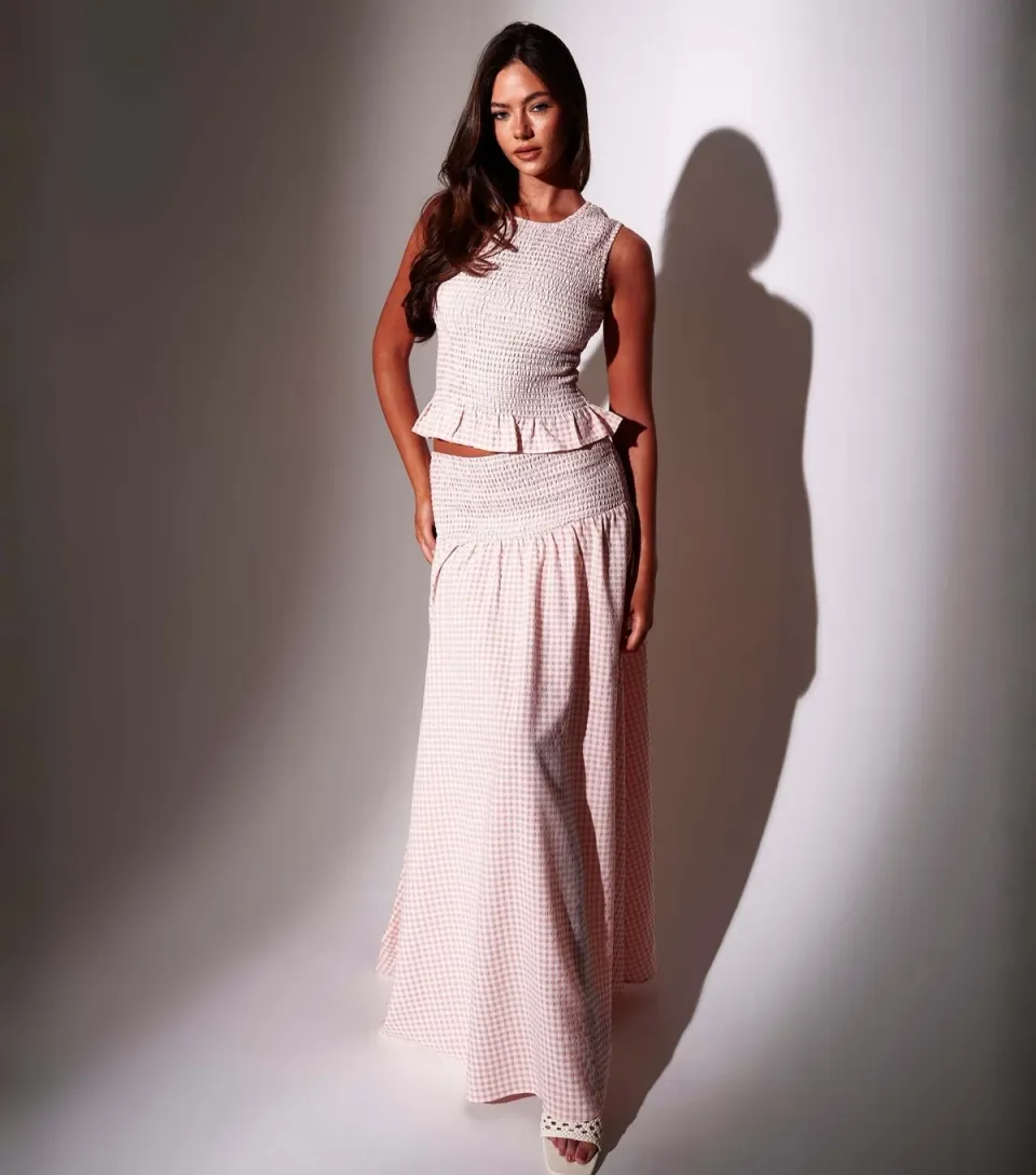 Women's Light Coral Gingham Shirred Maxi Skirt