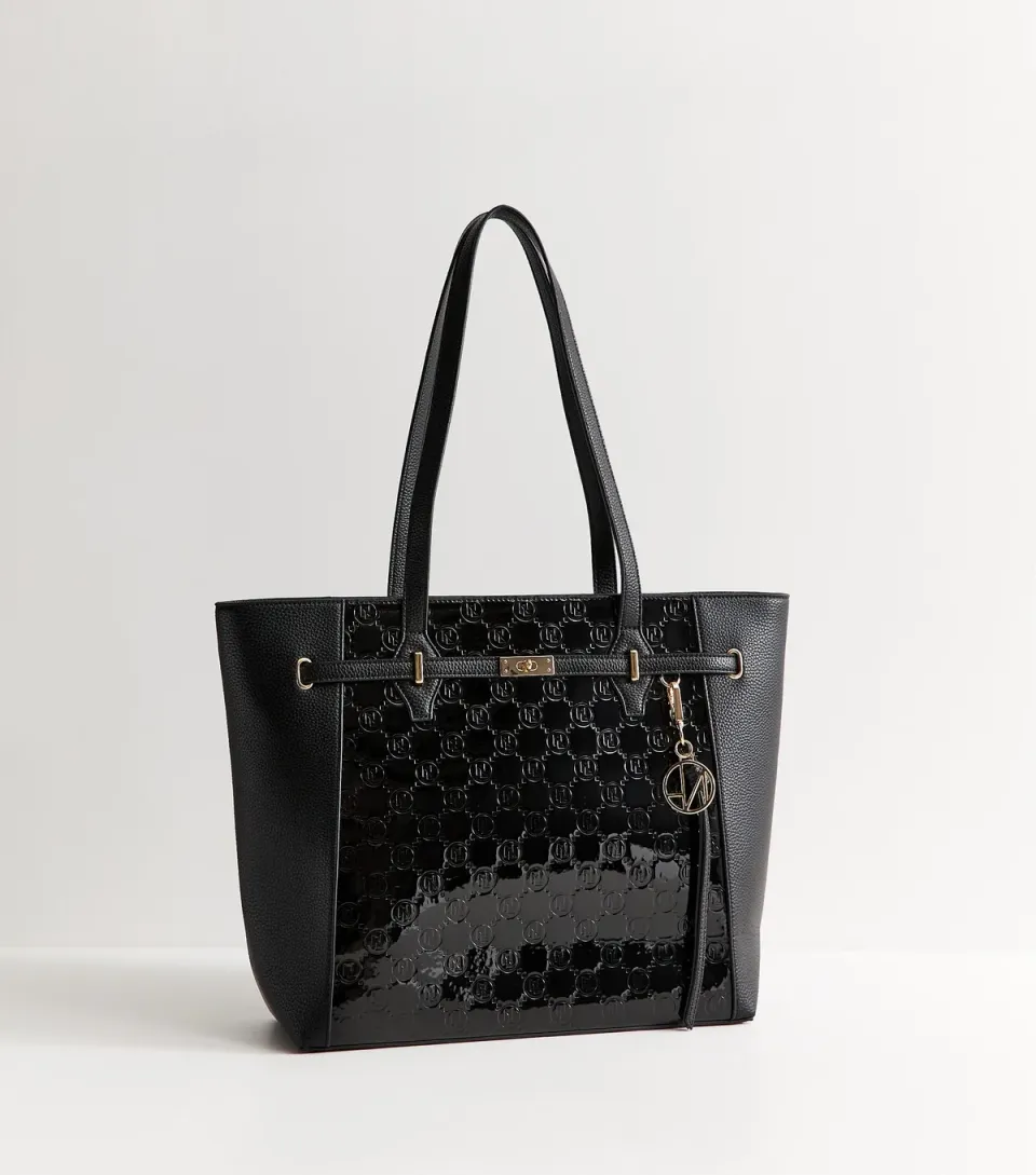 Black Patent Faux Leather Belted Monogram Tote Bag