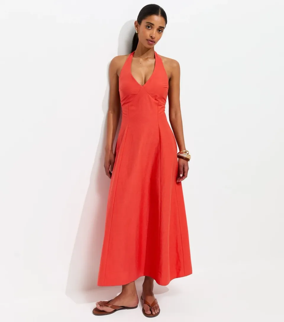 Women's Red Halter Neck Cotton Rich Midi Dress