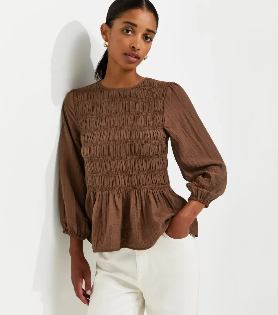 Women's Dark Brown Shirred Long Sleeve Blouse