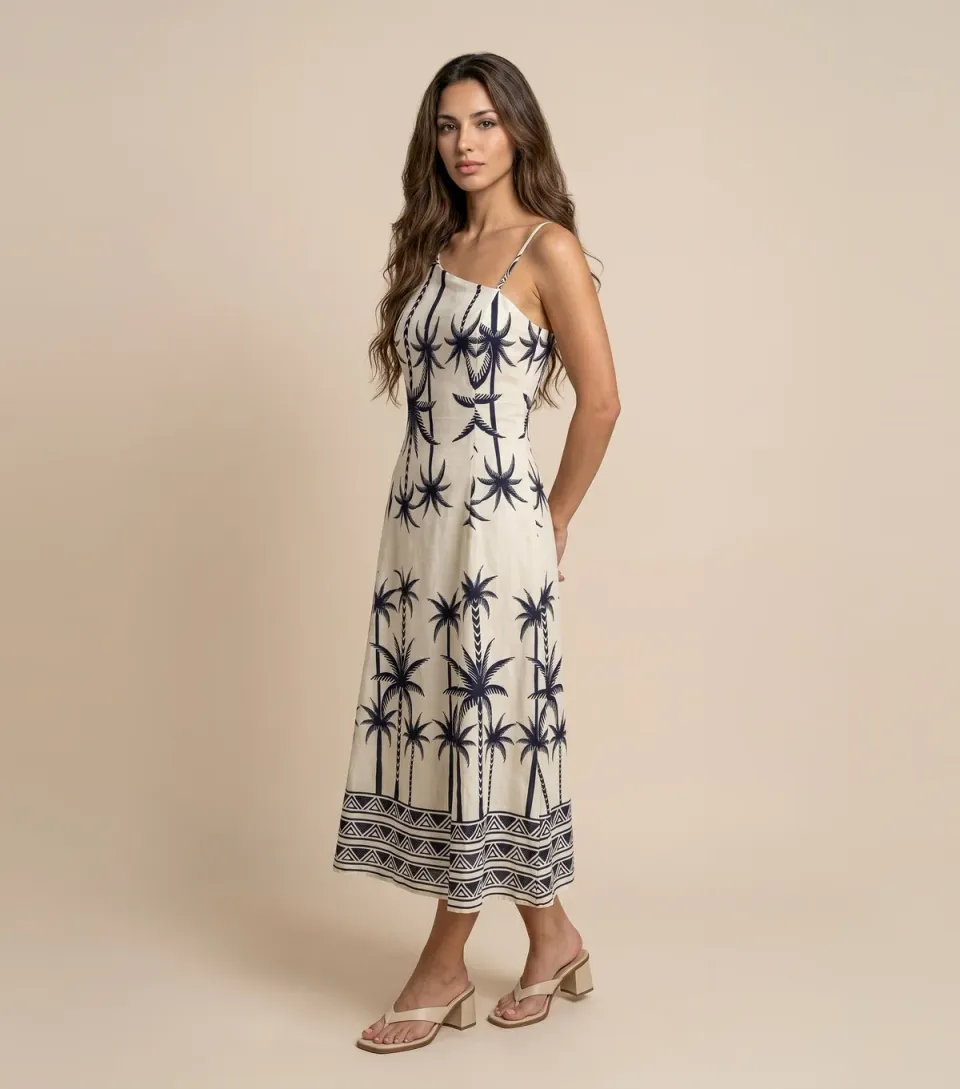 Women's Navy Palm Tree Print Maxi Dress