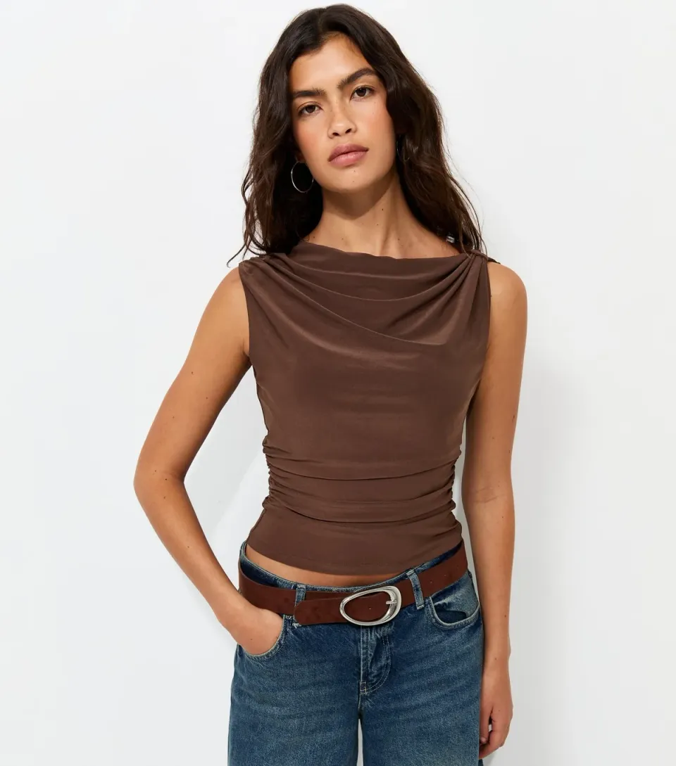 Women's Dark Brown Jersey Knotted Asymmetric Shoulder Top