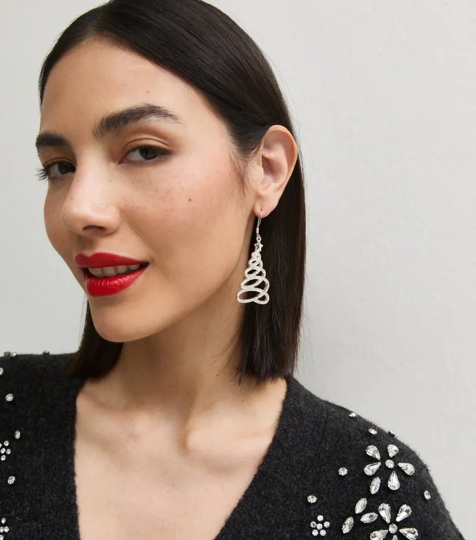 Silver Tone Christmas Tree Diamante Swirl Drop Earrings