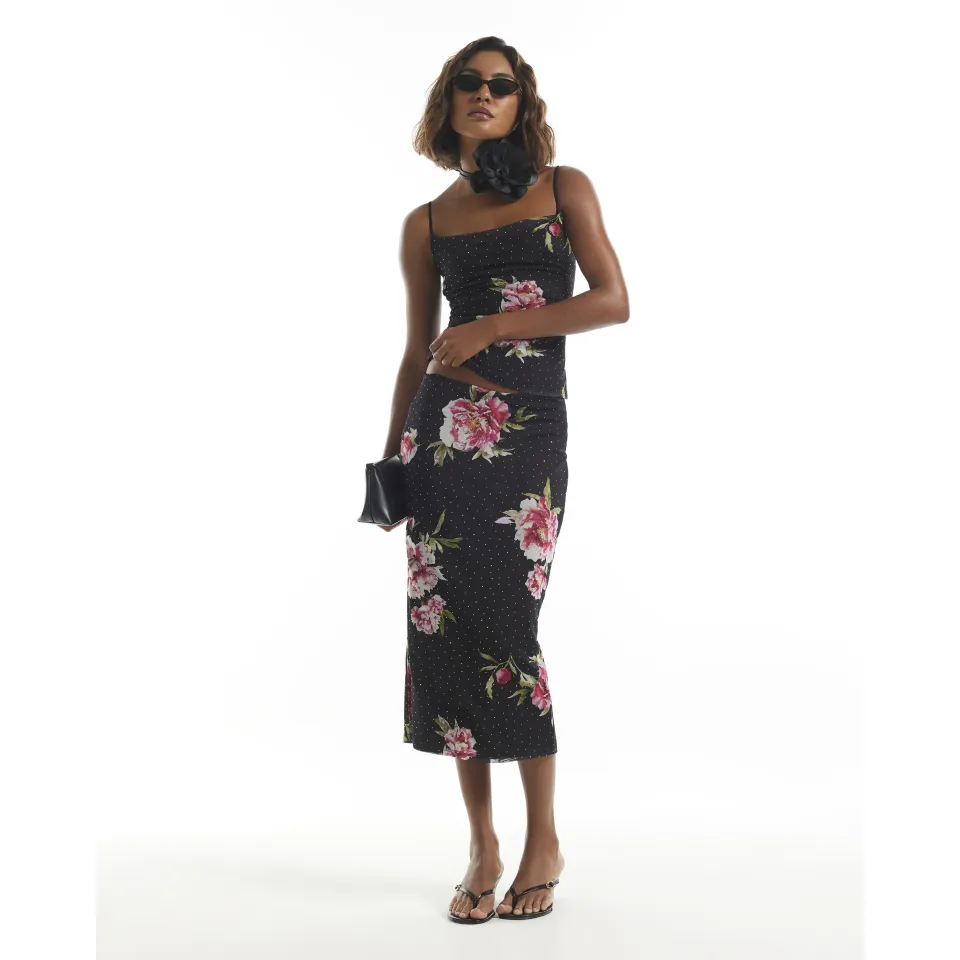 Floral Hotfix Mesh Maxi Skirt