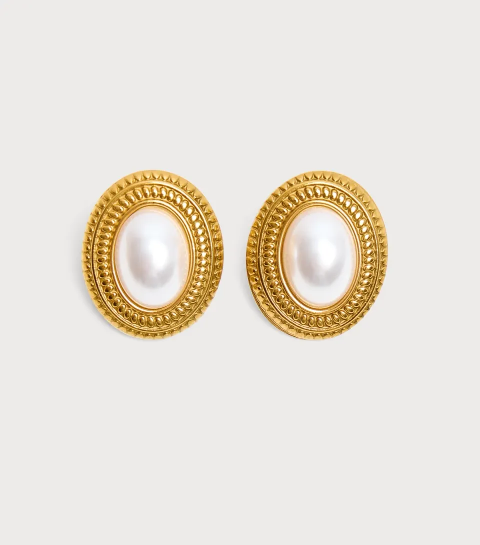 18ct Gold Plated Faux Pearl Oval Stud Earrings